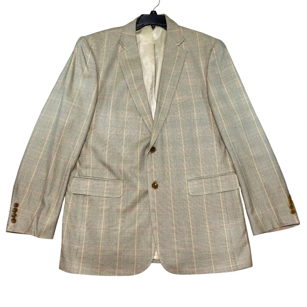 Mens 42L Blazer 100% Silk Olive Glen Plaid 2-Button Sport Coat